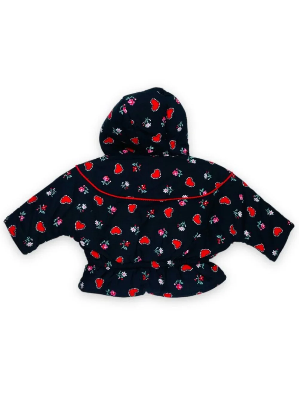 Vintage Baby Girls Black + Red Heart + Floral Print Winter Puffer Coat 12m